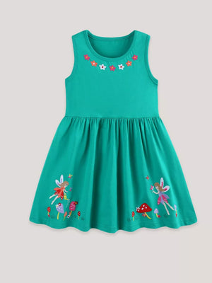 Green a-line dress with fairy and mushroom appliqué, floral neckline detail