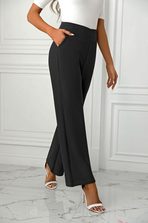 Black sculpted waist wide-leg trousers with pockets and a high rise.