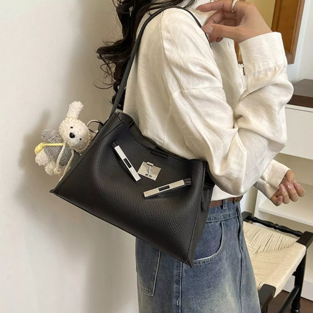 Lock Detail Crossbody Bag in Black, model styling view