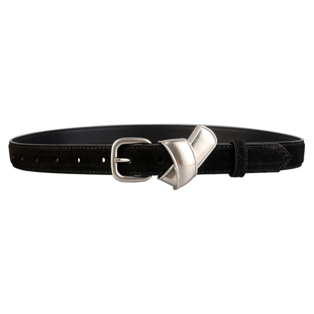 Black leather belt with silver sculptural buckle and adjustable strap.