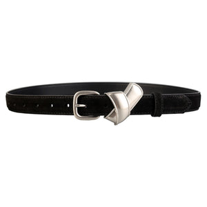 Black leather belt with silver sculptural buckle and adjustable strap.