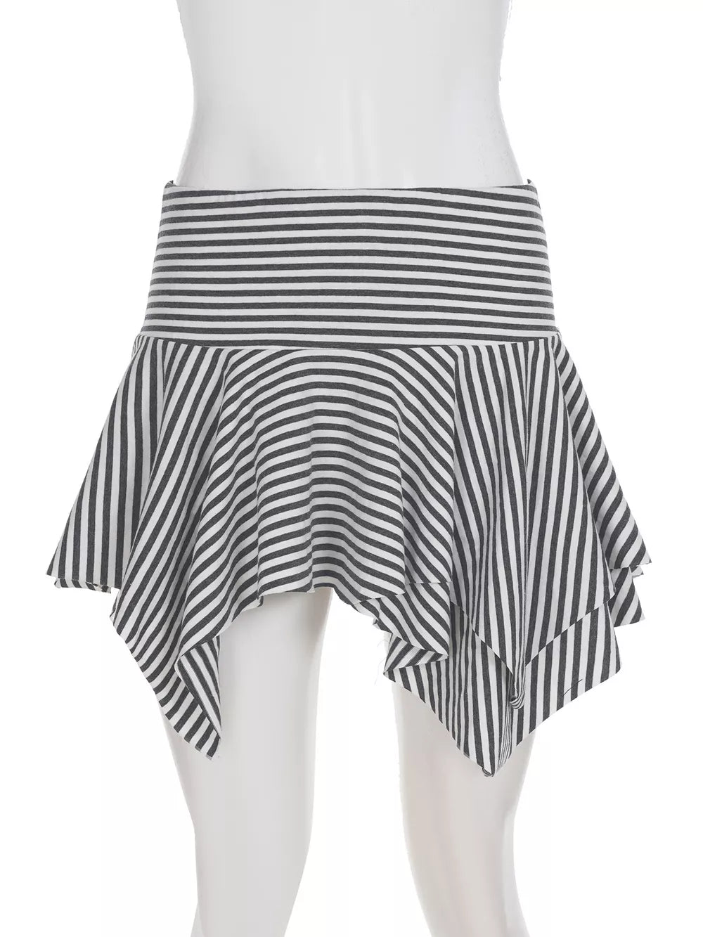 Asymmetrical hem mini skirt with black and white stripes and a ruffled detail.