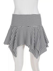 Asymmetrical hem mini skirt with black and white stripes and a ruffled detail.