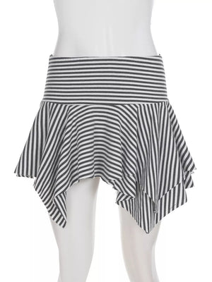 Asymmetrical hem mini skirt with black and white stripes and a ruffled detail.