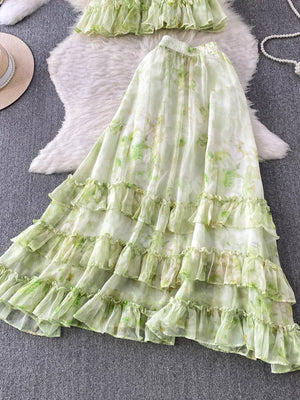 Light Green floral ruffle bikini skirt with tiered ruffles and bow detail.