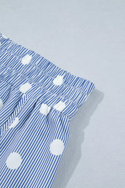 Blue and white striped polka dot shorts with elastic waist detail.