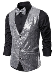 Silver sequin men's vest with double-breasted front and black shirt.