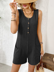Black ribbed knit button-front romper with scoop neck and side pockets