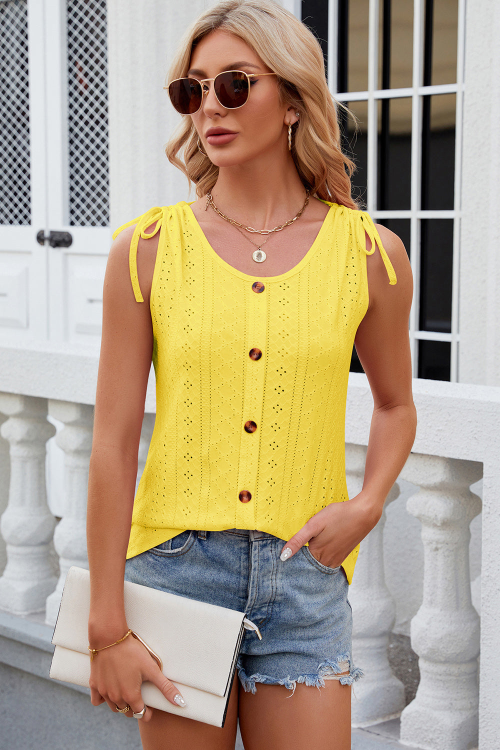 Yellow eyelet button-down tank top with tie shoulders and scoop neck