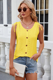 Yellow eyelet button-down tank top with tie shoulders and scoop neck