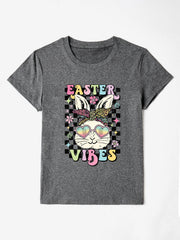 Gray graphic tee with bunny wearing heart sunglasses and leopard bandana, "Easter Vibes" text.