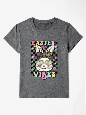 Gray graphic tee with bunny wearing heart sunglasses and leopard bandana, "Easter Vibes" text.