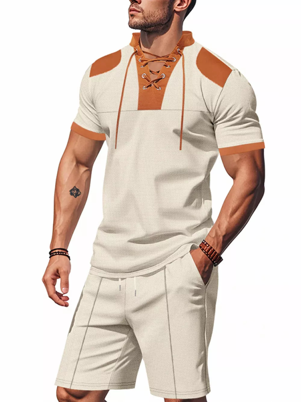 Men's casual two-piece set in cream with brown accents and lace-up detail.