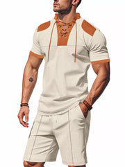 Men's casual two-piece set in cream with brown accents and lace-up detail.