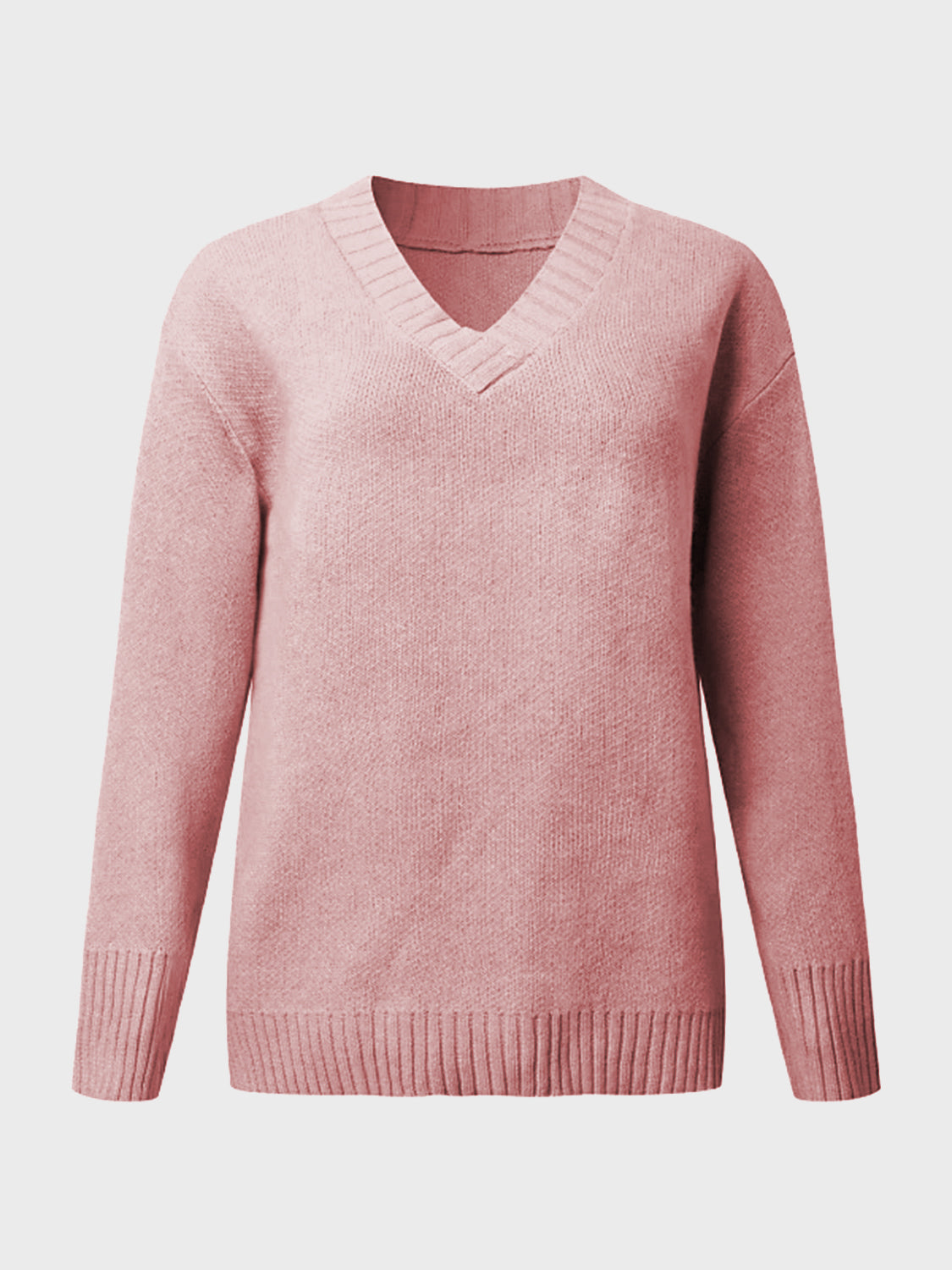 Dusty Pink V-neck knit sweater with ribbed trim on neckline, cuffs, and hem.