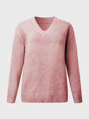 Dusty Pink V-neck knit sweater with ribbed trim on neckline, cuffs, and hem.