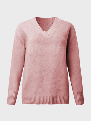 Dusty Pink V-neck knit sweater with ribbed trim on neckline, cuffs, and hem.