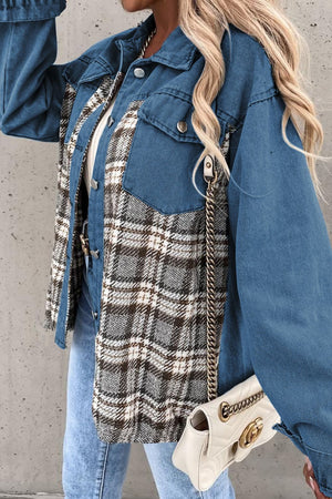 Denim shirt jacket with plaid panels, button front, and chest pockets.