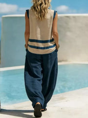 Striped Sleeveless Top And Wide-leg Pants Set, fabric detail