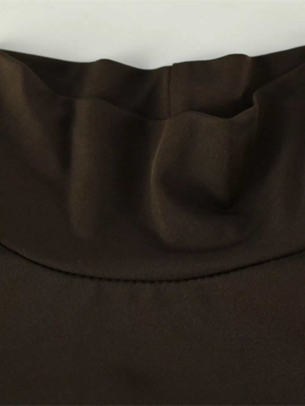 Maternity turtleneck maxi dress in coffee brown with gathered neckline detail.