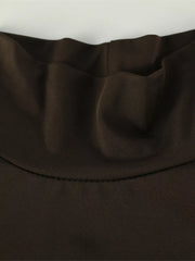 Maternity turtleneck maxi dress in coffee brown with gathered neckline detail.