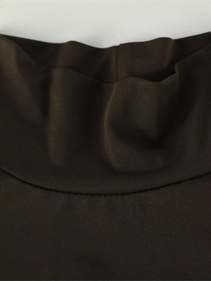 Maternity turtleneck maxi dress in coffee brown with gathered neckline detail.