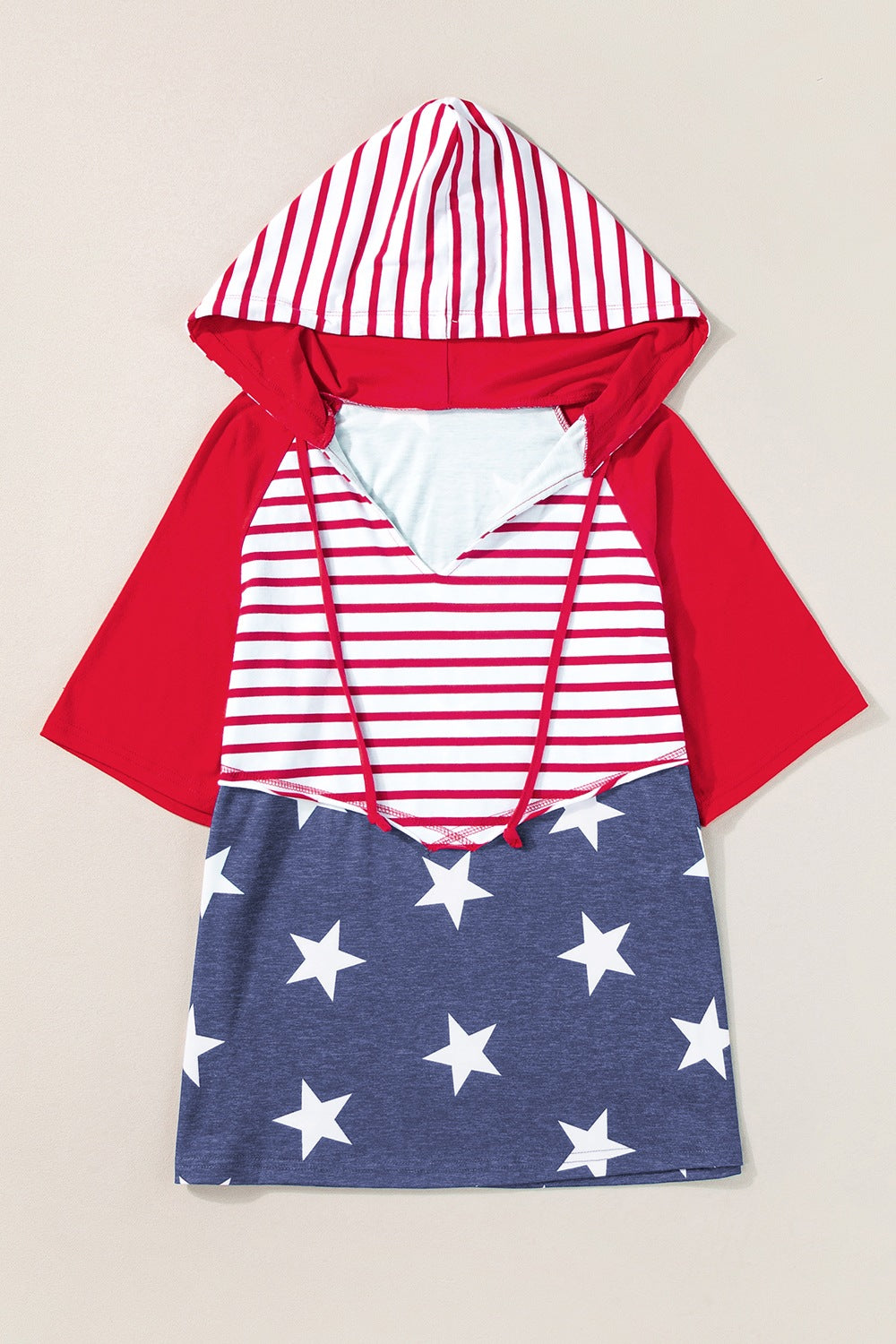 Patriotic raglan hooded tee with red sleeves, striped bodice, and star-print bottom.