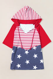 Patriotic raglan hooded tee with red sleeves, striped bodice, and star-print bottom.