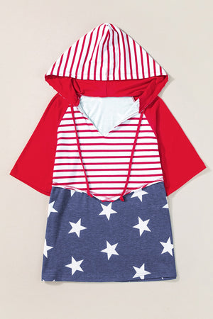 Patriotic raglan hooded tee with red sleeves, striped bodice, and star-print bottom.