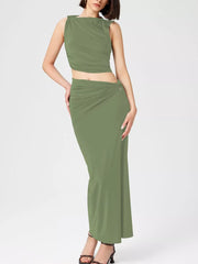 Asymmetrical Ruched Knit Top And Skirt Set in Yellow Green, editorial view