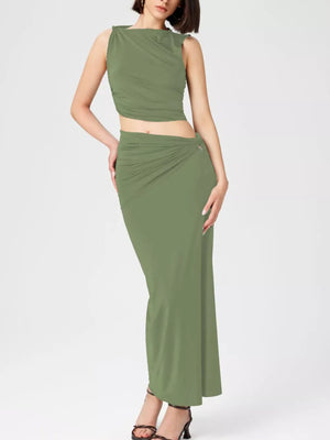 Asymmetrical Ruched Knit Top And Skirt Set in Yellow Green, editorial view