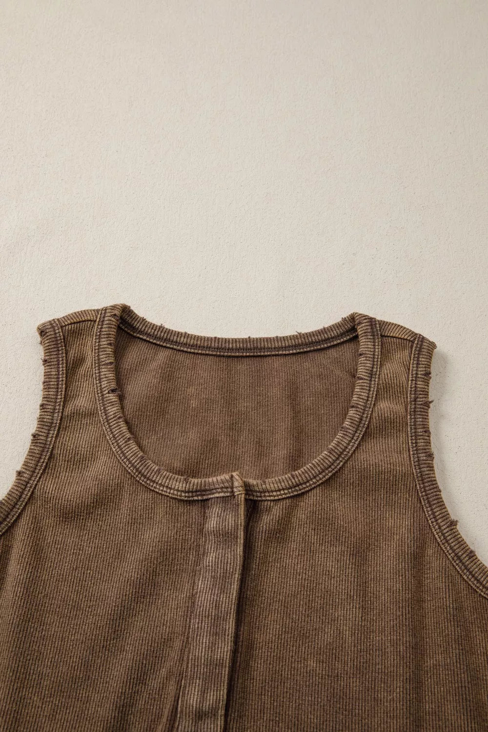 Brown ribbed henley snap tank top with raw edge details