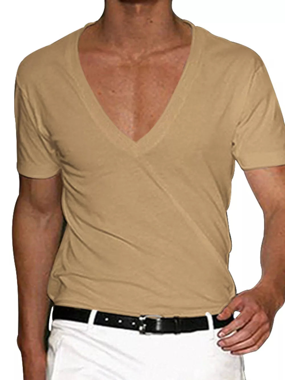 Men's Full Size Deep V-neck T-shirt Plus Size in Khakis, back view