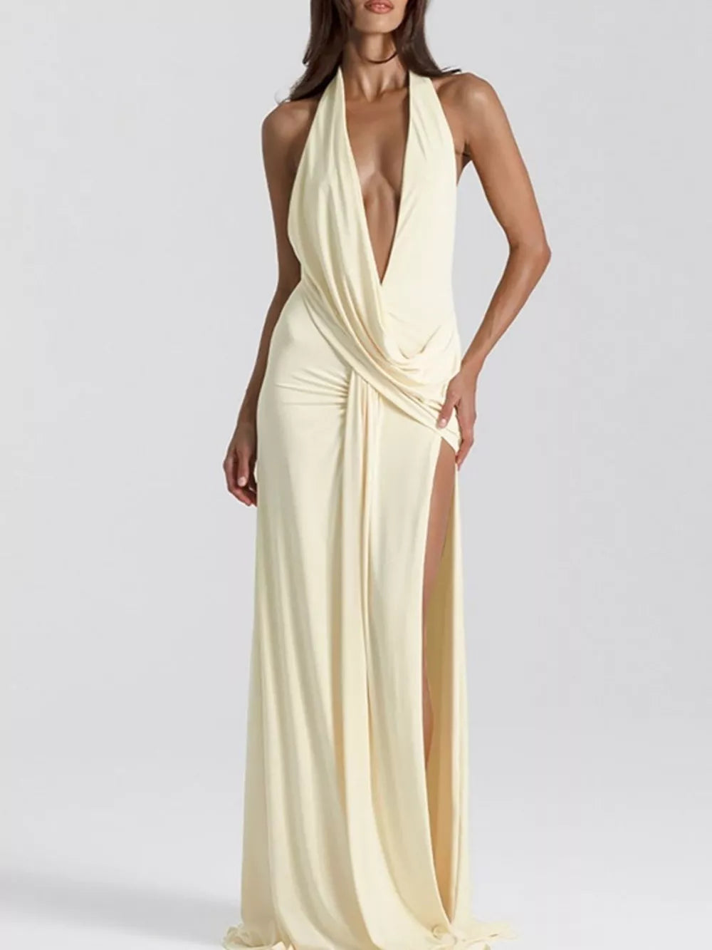 Yellow ruched halter neck maxi dress with plunging neckline and high slit