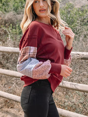 Plaid Colorblock Patchwork Sleeve Sweatshirt in Burgundy, model styling view