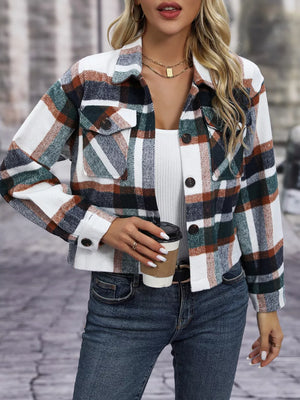 Plaid pocketed jacket with classic collar and button-down front, cropped length.