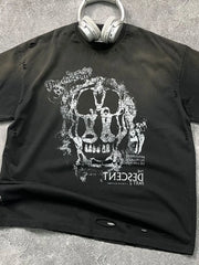 Black distressed graphic tee with skull and text print, crew neck, short sleeves.