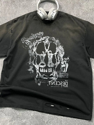 Black distressed graphic tee with skull and text print, crew neck, short sleeves.