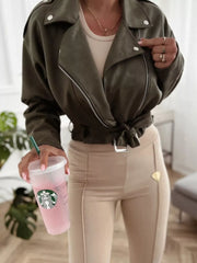 Cropped Biker Jacket With Belt Detail in Black, editorial view