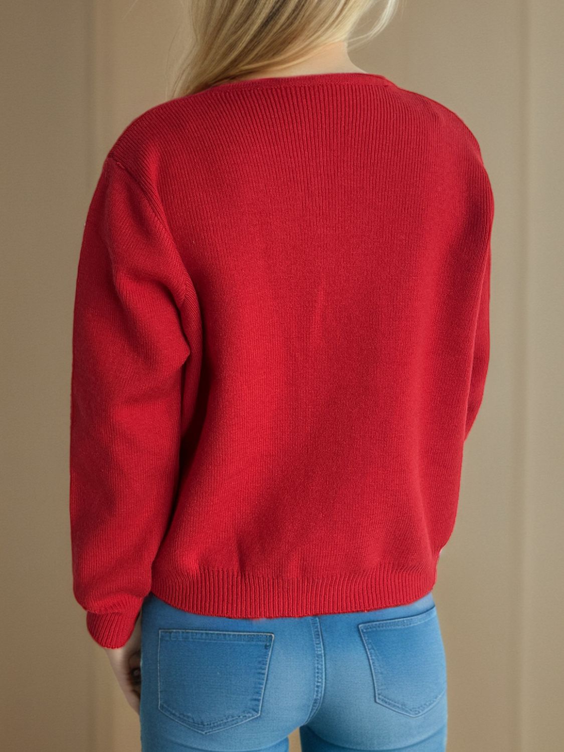 Playful Buttoned Ribbed Knit Cardigan in Scarlet, acrylic, with crew neck and long sleeves.