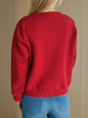 Playful Buttoned Ribbed Knit Cardigan in Scarlet, acrylic, with crew neck and long sleeves.