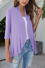 Lavender waterfall cardigan with asymmetric hemline and 3/4 sleeves
