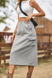 Mid Gray utility midi skirt with drawstring waist and cargo pockets.