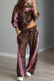 Leopard Print Striped Long Sleeve Top Pant Set in Coffee Brown, close-up detail