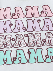 White cotton baby tee with stacked "Mama" graphic in pink, purple, leopard print, and mint blue.
