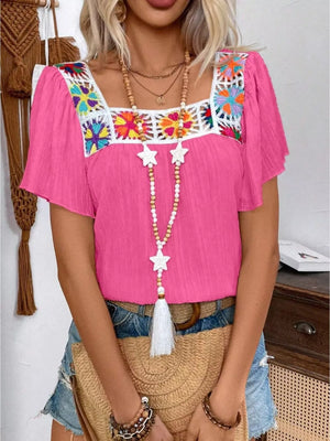 Rose red embroidered square neck flutter blouse with colorful crochet detail.