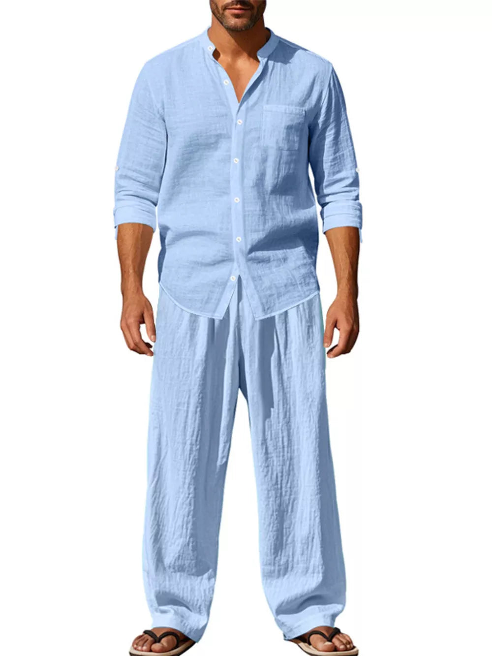 Light blue linen blend casual two-piece set for men, band collar shirt and wide-leg pants.