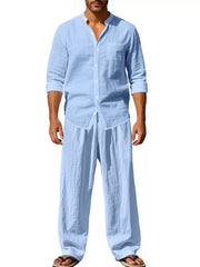 Light blue linen blend casual two-piece set for men, band collar shirt and wide-leg pants.