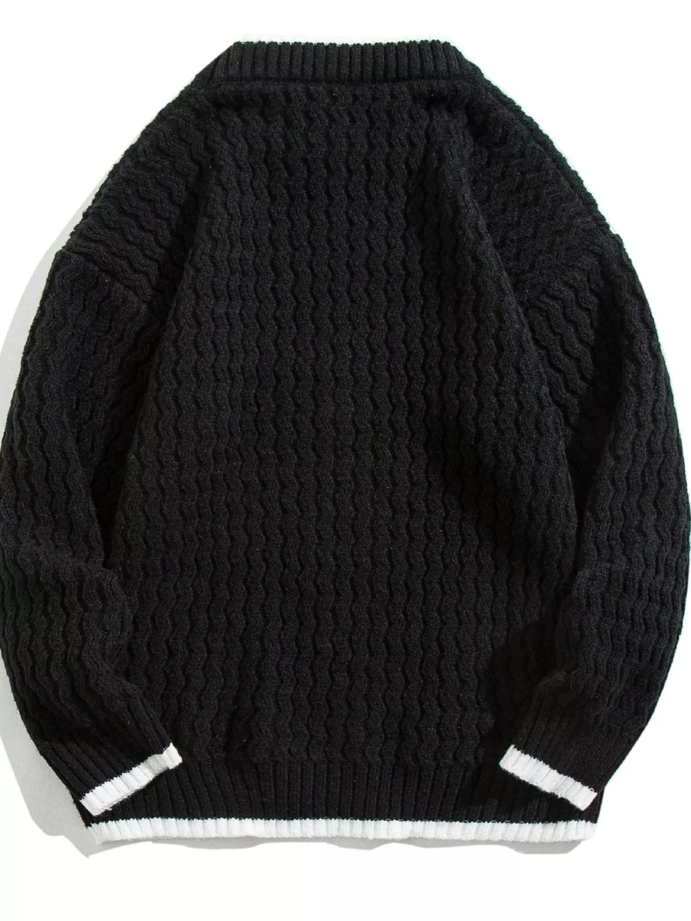 Black textured knit sweater for men with white striped cuffs and hem.