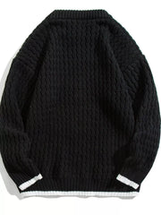 Black textured knit sweater for men with white striped cuffs and hem.